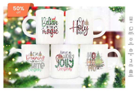 Mockup of a Stack of 5 Christmas Mugs and Christmas Amp
